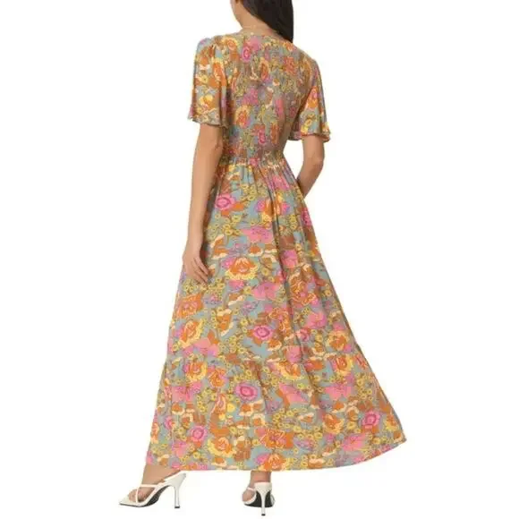 70s Boho Floral Maxi Dress, Short Sleeves and Pockets, vintage inspired, Large - Picture 2 of 4